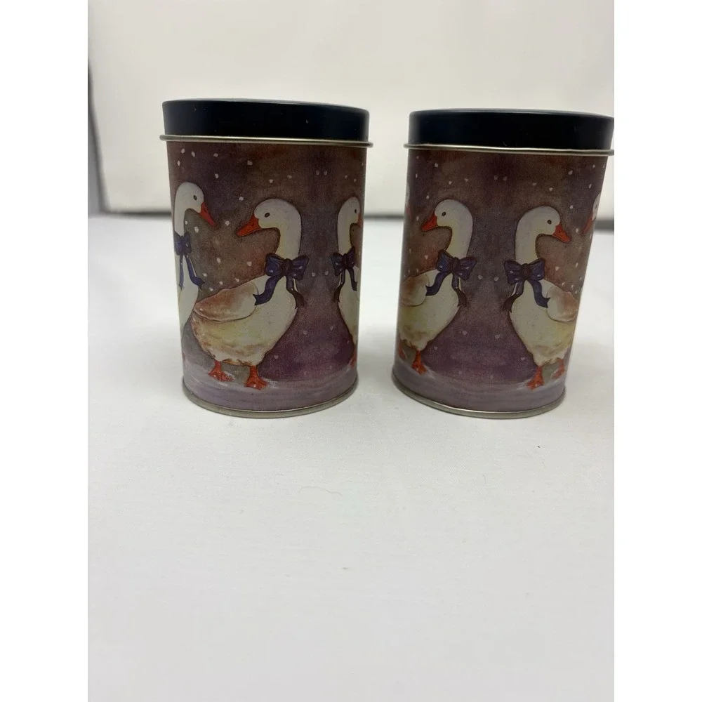 Vtg J.S.N.Y. Salt & Pepper Shakers Tin Metal Winter Ducks Geese Blue Bows Snow
